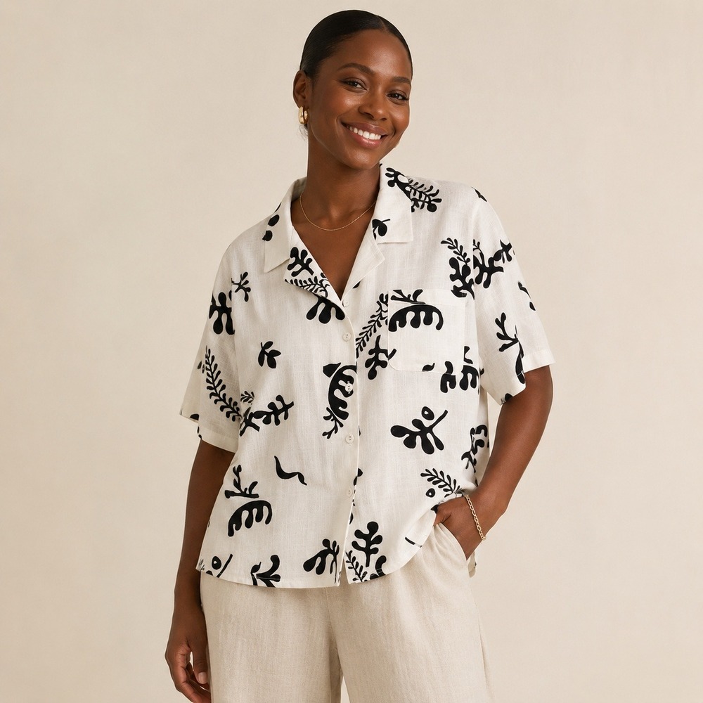 Paper Heart Womens XL White Black Shirt Rayon/Linen Minimalist Chic Coastal